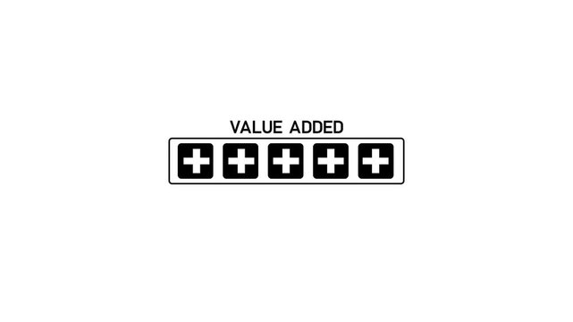 Value Added Concept animation. A hand arranging wooden blocks with plus signs Value Added representing growth, improvement, and added value in business .