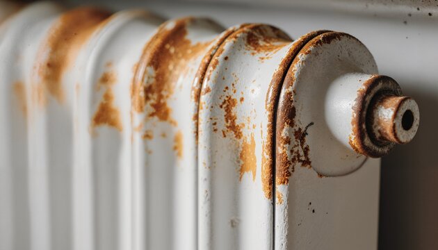 Rusty radiator close-up detailed of white with significant stains and discoloration highlighting