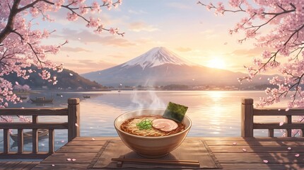 Fototapeta premium 富士山と桜と湖畔のラーメン Ramen bowl on terrace with Mt Fuji and traditional boats