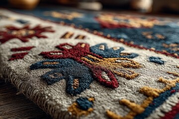 Fototapeta premium Close-up of a richly textured woven textile featuring intricate geometric patterns in deep blue, rust red, and gold tones.