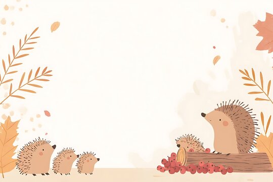Autumn scene with three hedgehogs