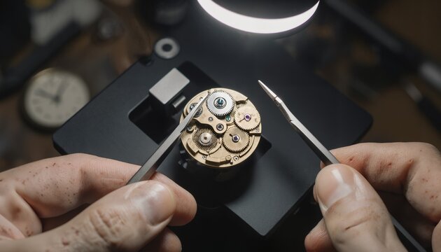 Watch Repairing with Tweezers person carefully uses to adjust the gears inside mechanism illuminated