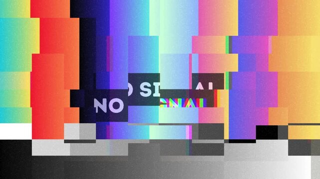 Abstract graphic displaying a 'No Signal' screen with colorful static, digital interference, and pixelated visual noise
