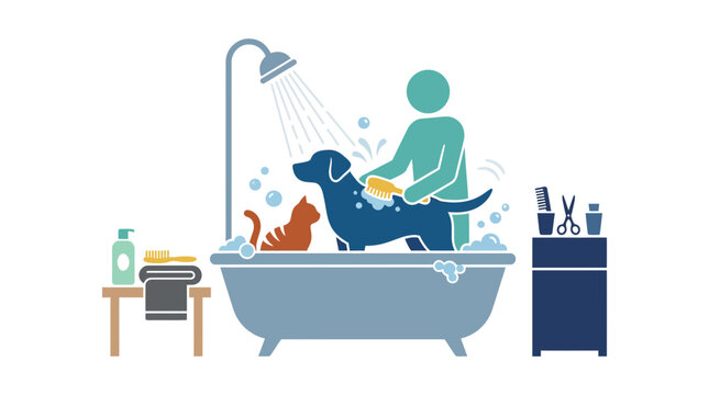 Dog bath time with cat and person