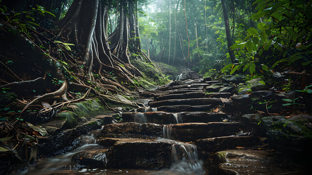 Ultra realistic landscape photography ancient stone staircase with flowing water in a lush, mystical tropical rainforest with large tree roots khoiyachhora, napittachhora waterfalls