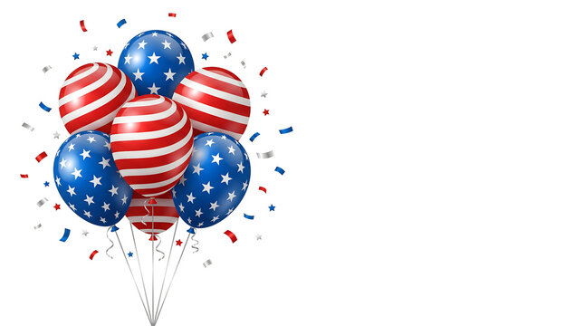 Patriotic arrangement of helium balloons with star patterns and striped textures surrounded by floating confetti on blank background.