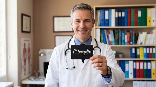 Smiling Doctor Holding a Sign with the Word Chlamydia in Office Setting.