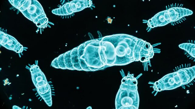 A microscopic view of multiple small, blue, worm-like organisms with setae on a dark background