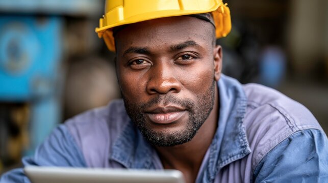 Construction worker using tablet industrial site portrait indoor close-up technology integration