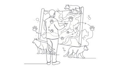 Fototapeta premium Man Studying Animal Tracks and Wildlife Behavior on a Display Board