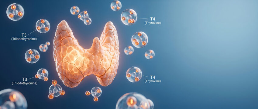 Thyroid hormone t3 hormone t4 hormone endocrine system metabolism concept illustration shows glowing gland with floating molecular structure in blue medical background for science education