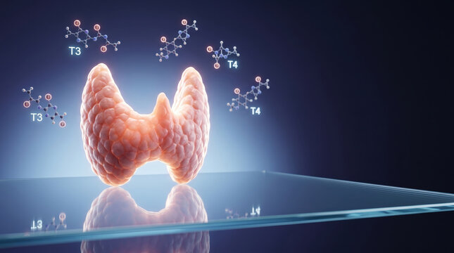 Thyroid hormone t3 hormone t4 hormone endocrine system metabolism concept medical illustration glowing gland on glass platform futuristic background