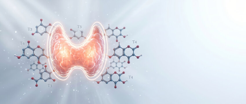 Thyroid hormone t3 hormone t4 hormone endocrine system metabolism concept medical illustration with glowing gland and molecule structure on light blue background for healthcare education