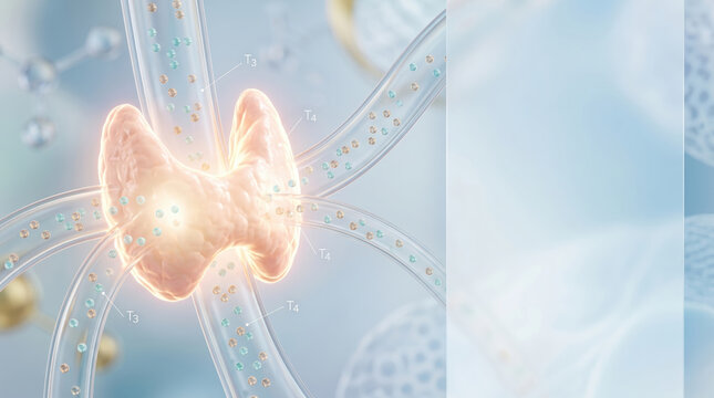 Thyroid hormone t3 hormone t4 hormone endocrine system metabolism concept medical illustration with glowing gland and abstract molecule background showing energy flow and regulation balance