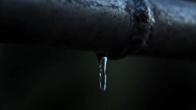 Close-up of a single water droplet falling from a pipe.