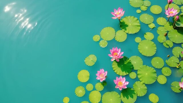 Water lilies and lotus leaves floating on the water surface