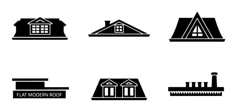 Roof Styles Vector Icons, Architectural Elements Collection, Building Tops Set, Modern Flat Roof Design, Dormer Window Silhouettes