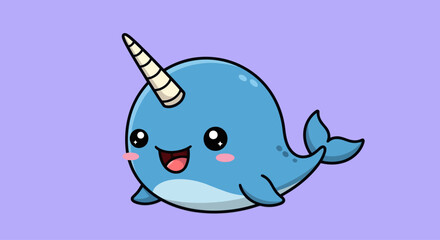 Cute cartoon narwhal character with a horn on a purple background, graphic element © ahmad