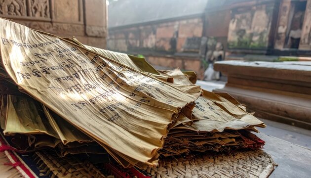 Detailed view of ancient Sanskrit text meticulously etched onto dried palm leaves, a testament to enduring cultural heritage