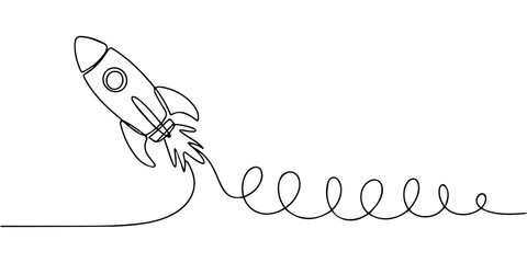 rocket ship  continuous one line drawing, Continuous one line drawing of a rocket ship launching into space with exhaust clouds Vector, illustration. Rocket taking off in one line art style. Spaceship © Line sA