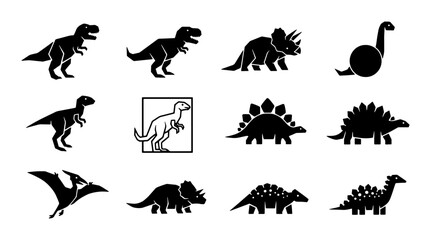 Dinosaur Icons Set, Prehistoric Creatures Vector Graphics, Jurassic Era Silhouettes, Ancient Reptiles Collection, Paleontology Symbols © Sumaiya
