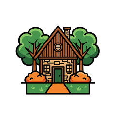 Naklejka premium Cartoon-style house with trees, bushes, yard, and chimney