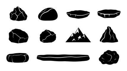 Collection of 12 Black Silhouette Stone and Mountain Icons, Vector Graphics for Nature and Geology Concepts © Sumaiya