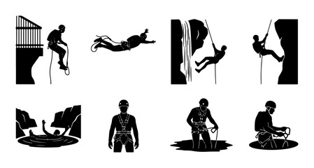 Rock Climbing and Rappelling Vector Icons Set, Extreme Sports Silhouette Collection, Adventure Activity Graphics, Outdoor Recreation Symbols © Sumaiya