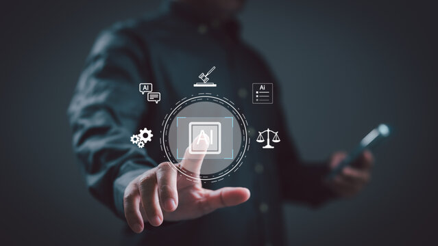 Professional man touches glowing artificial intelligence interface featuring legal icons including gavel balance scales manage regulatory compliance tasks inside dark office environment during late.