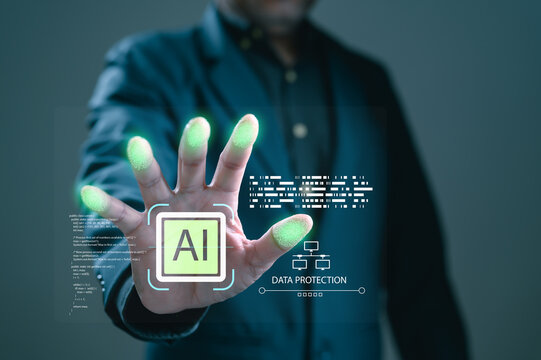 Business person touches glowing interface displaying artificial intelligence code biometric fingerprint security icons authorize access within secure digital environment during dark office work.