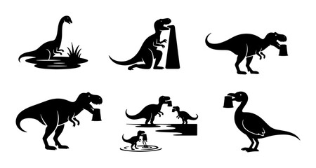 Dinosaur Icons Set: Prehistoric Creatures in Various Activities, Vector Silhouettes for Graphic Design and Education © Sanjida