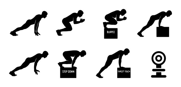 Fitness Exercise Sequence Icons: Jump Box, Step Down, Push Up, Workout Training, Silhouette Figures, Sports Activity, Health Lifestyle, Vector Graphics