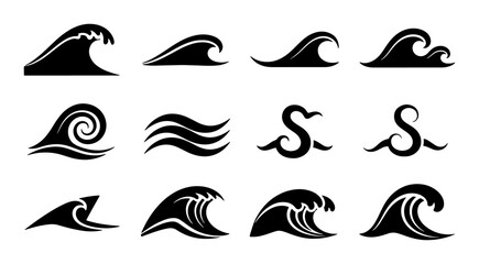 Set of 12 Black Vector Wave Icons, Ocean Swirls and Water Surges, Nautical Maritime Design Elements for Coastal and Aquatic Themes © Tahmina