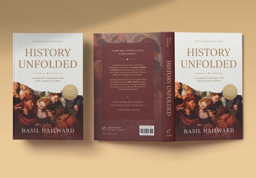 History Book Cover Template, Vintage Hardcover Jacket Design, Academic Textbook Dust Cover Mockup