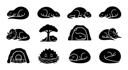 Dinosaur Icons Set, Prehistoric Animal Silhouettes, Jurassic Era Creatures, Vector Graphics Collection © Kamrul