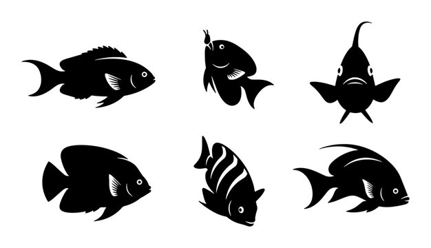 Collection of Six Diverse Black Silhouette Fish Vector Icons, Aquatic Marine Life Symbols for Oceanography and Seafood Design