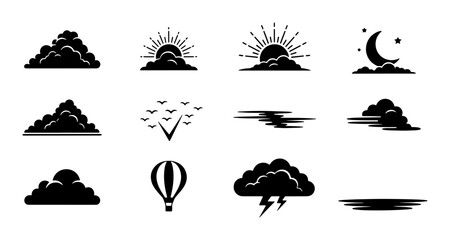 Celestial Icons Set: Sun, Moon, Clouds, Birds, Hot Air Balloon, Lightning, Vector Graphics for Weather, Sky, and Travel Themes © Sanjida