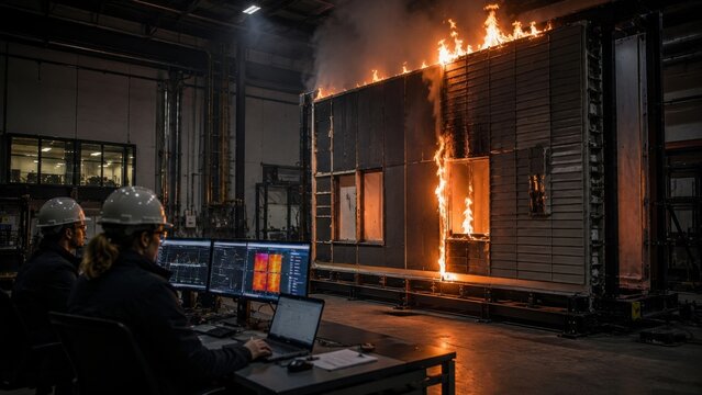 Building fire test in a controlled environment with researchers monitoring flames and data