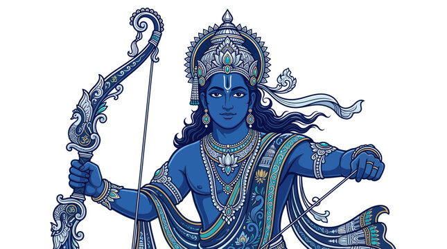 Lord Rama with bow and arrow, Hindu deity, divine warrior, blue skin, ornate crown and jewelry