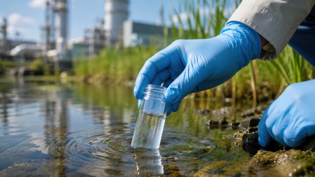 Worker collects water sample from river for testing near industrial facility in bright daylight