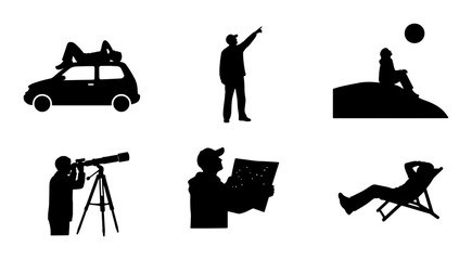 Outdoor Leisure Silhouettes: People enjoying nature, stargazing, road trips, and relaxation, vector icons for travel and lifestyle themes © Arif