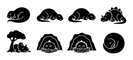 Dinosaur Icons Set, Prehistoric Creatures Vector Graphics, Ancient Reptiles Silhouette Collection, Jurassic Era Animal Illustrations © Sanjida