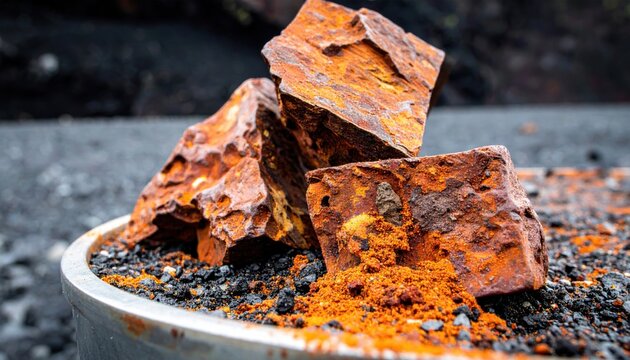 Rough, rusty lumps of iron ore hematite exhibiting earthy textures and raw mineral fragments