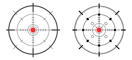 Reticle crosshair icons, targeting and accuracy symbols, aim focus sight graphics, precision red dot markers, clean flat vector illustration. © ayat 02