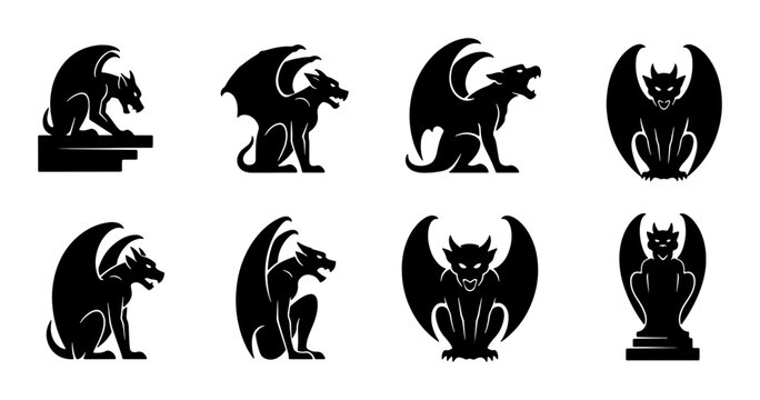 Gargoyle Vector Icons Set, Mythical Creature Silhouettes, Gothic Architectural Elements, Fantasy Beast Symbols