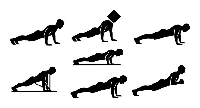 Fitness Exercise Icons: Diverse Push-up Variations, Plank Positions, and Strength Training Silhouettes for Health and Wellness Graphics