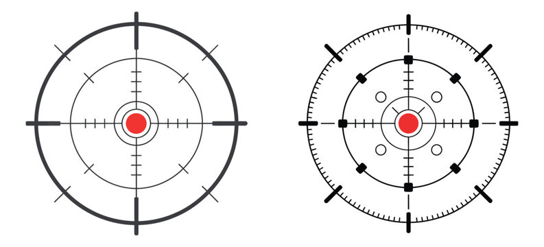 Reticle crosshair icons, targeting and accuracy symbols, aim focus sight graphics, precision red dot markers, clean flat vector illustration.