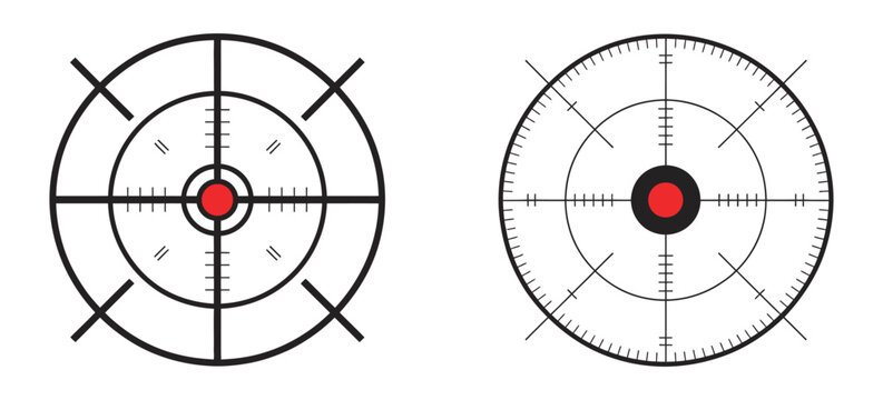 Reticle crosshair icons, targeting and accuracy symbols, aim focus sight graphics, precision red dot markers, clean flat vector illustration.