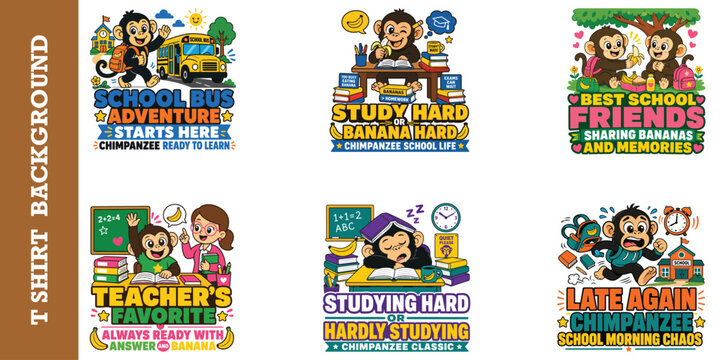 Cute cartoon chimpanzee monkey collection for school theme t shirt print vector design set.