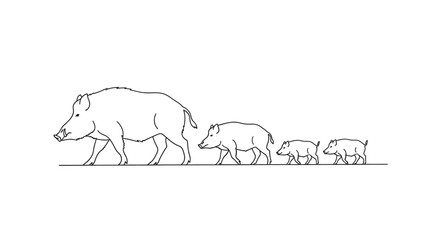 A line drawing of a mother wild boar walking with her three piglets. © Syakira_Muhtar